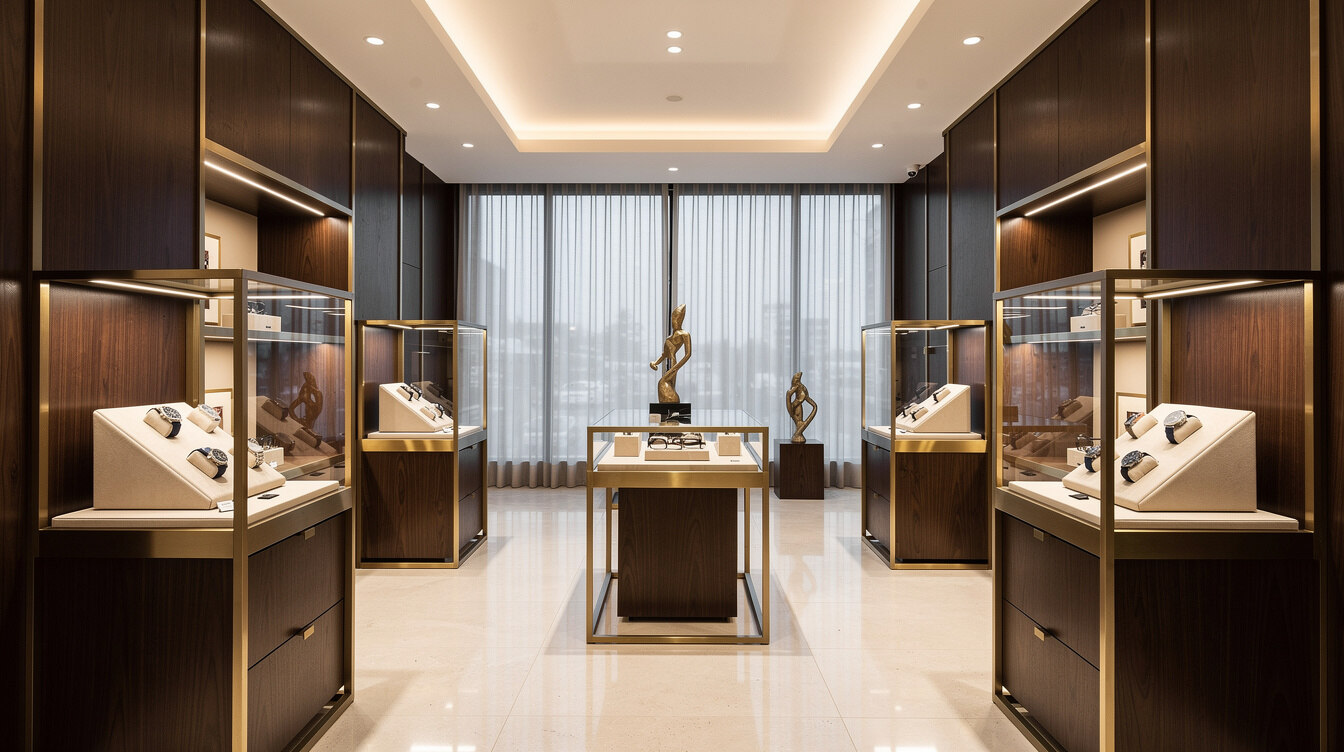 Elegant luxury boutique interior in Carrasco, Montevideo, with illuminated watch displays